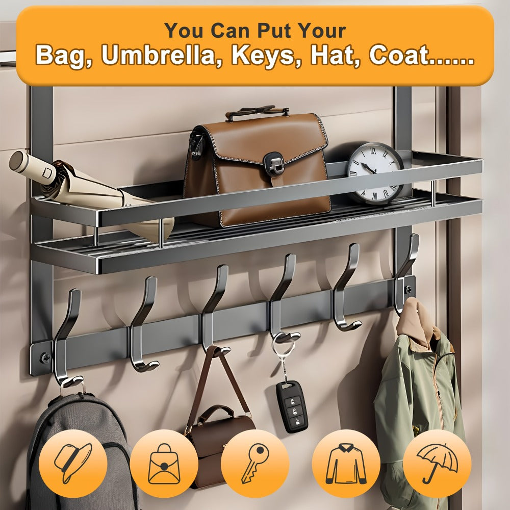 Over Door Hook Rack Metal | No Drill Behind Door Organizer with 5 6 8 Hooks for Clothes Bags Keys Towels ¨C Space-Saving Wall Mount Storage for Bedroom Bathroom Entryway Closet