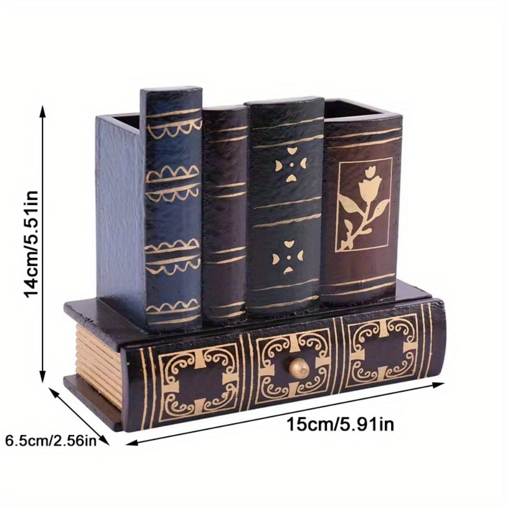 Wooden Pen Holder with Drawer Book-Shaped Desk Organizer, Vintage Retro Wood Desktop Storage Box with Hidden Drawer for Pens Pencils Remote Control, Decorative Office Home Study Room Gift
