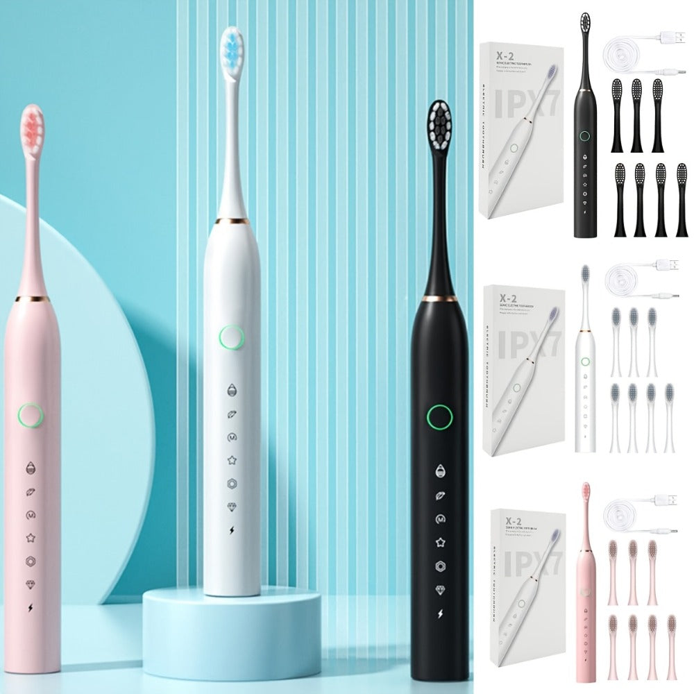 Rechargeable Electric Toothbrush 6 Cleaning Modes with 8 Brush Heads - USB Charge, Soft Bristles, Portable for Travel & Home Use, Oral Care Toothbrush for Men & Women - Black / White / Pink