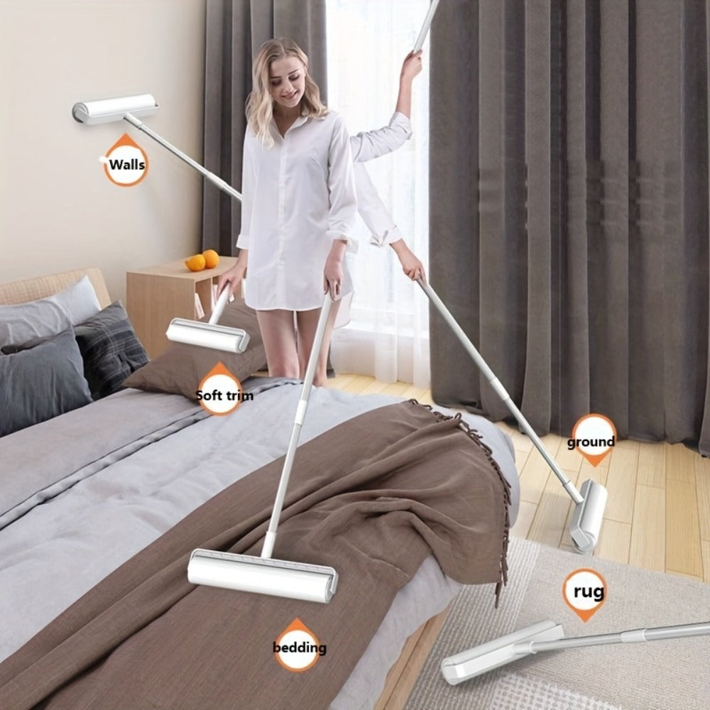 Pet Hair Removal Set 4 Piece Extendable Mop Brush with 3 Sticky Roller Refill Rolls for Floor Sofa Carpet Furniture Lint Roller Mop Combo for Dog Cat Hair Cleaning Home Use