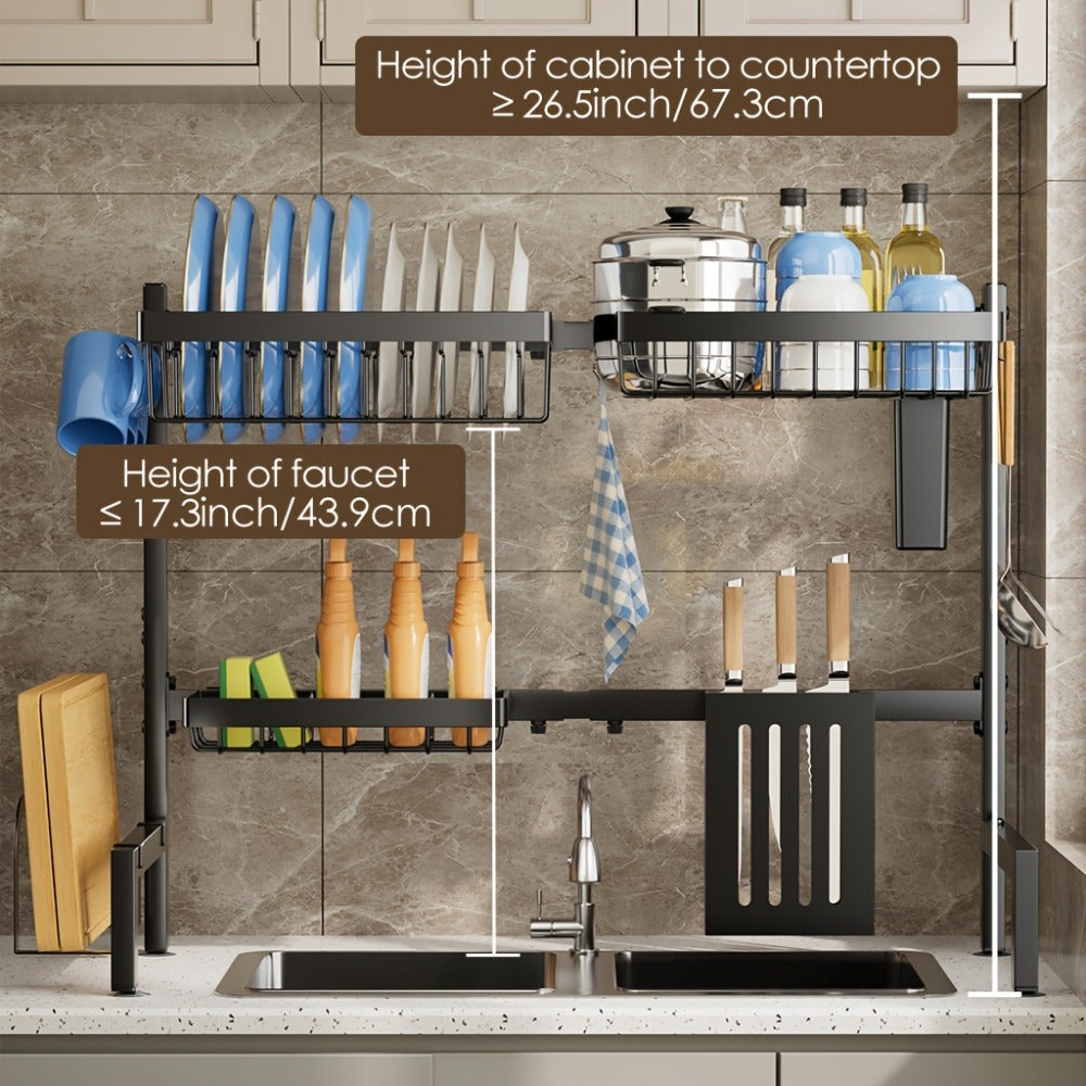 Over-the-Sink Dish Drying Rack Expandable 2-Tier 304 Stainless Steel Adjustable 30-34 Inch with Utensil Holder Knife Holder Cutting Board Holder and 5 Hooks for Kitchen