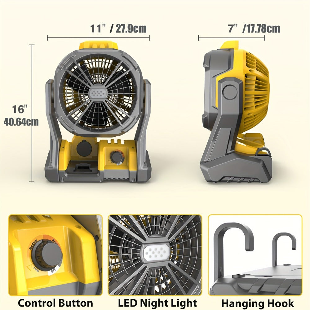 Cordless Camping Fan Compatible with DeWalt 20V Max Battery Adjustable Speed 180 Degree Tilt Built-in LED Light Hook for Hanging Portable Outdoor Fan Yellow Battery Not Included