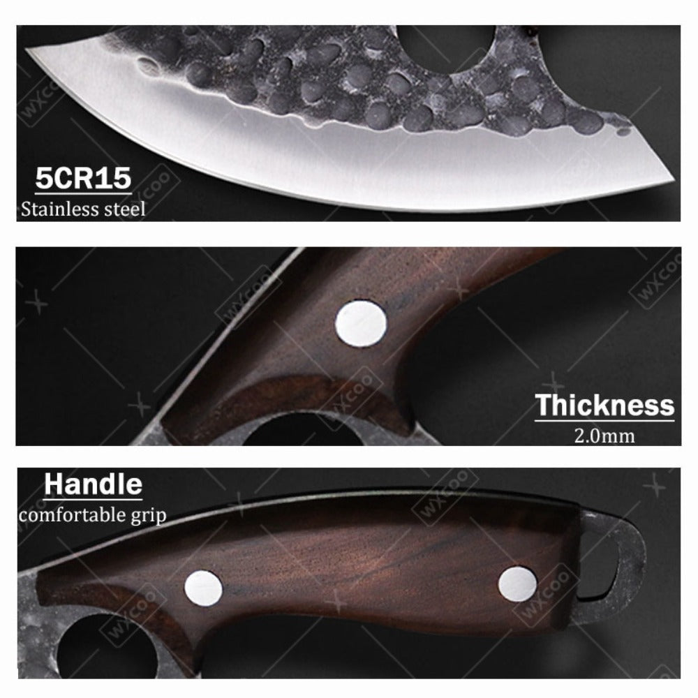 Kitchen Chef Knife Set 3 Piece Stainless Steel - Sharp Boning Knife, Utility Knife & BBQ Knife with Hammered Blade, Wood Handle, Full Tang, Multipurpose Cooking Knives for Meat Vegetables