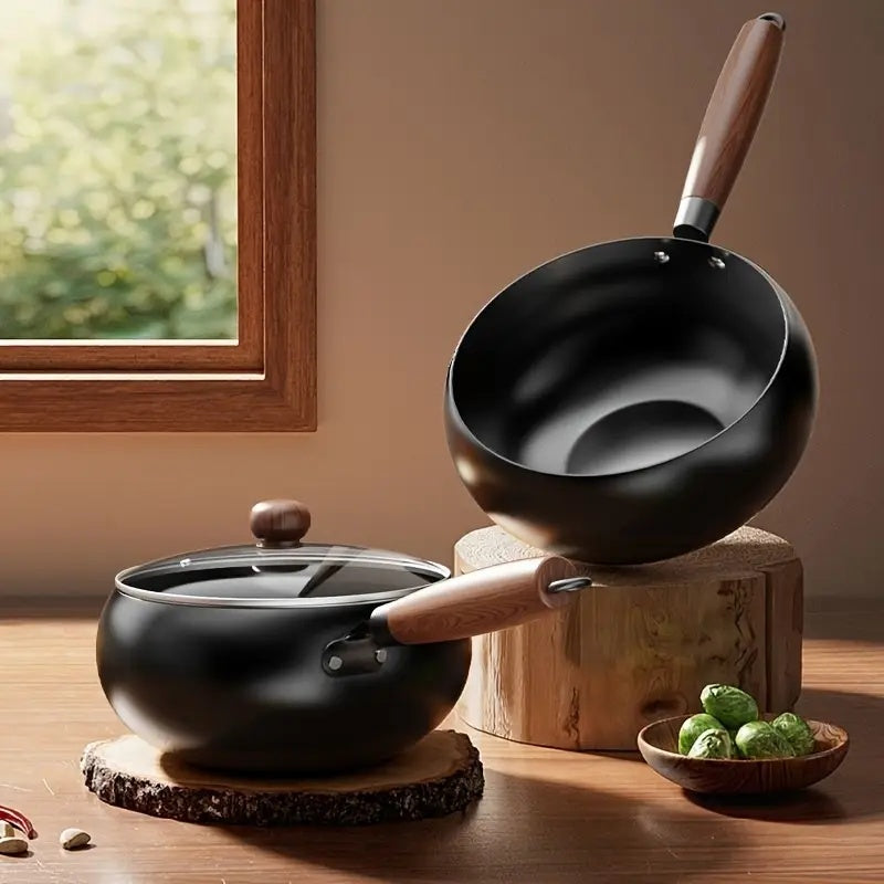 Cast Iron Wok 9.45 Inch Japanese Uncoated Iron Frying Pan Round Bottom Stir Fry Pan with Lid for Gas Stove Induction Cooker Seasoned Cookware for Home Kitchen