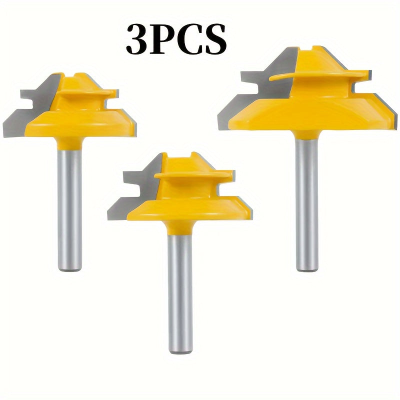 Locking Miter Router Bit Set 3 Piece 45 Degree 1/4 Inch Shank Carbide Woodworking Joinery Box Joint Corner Bits for Router Table