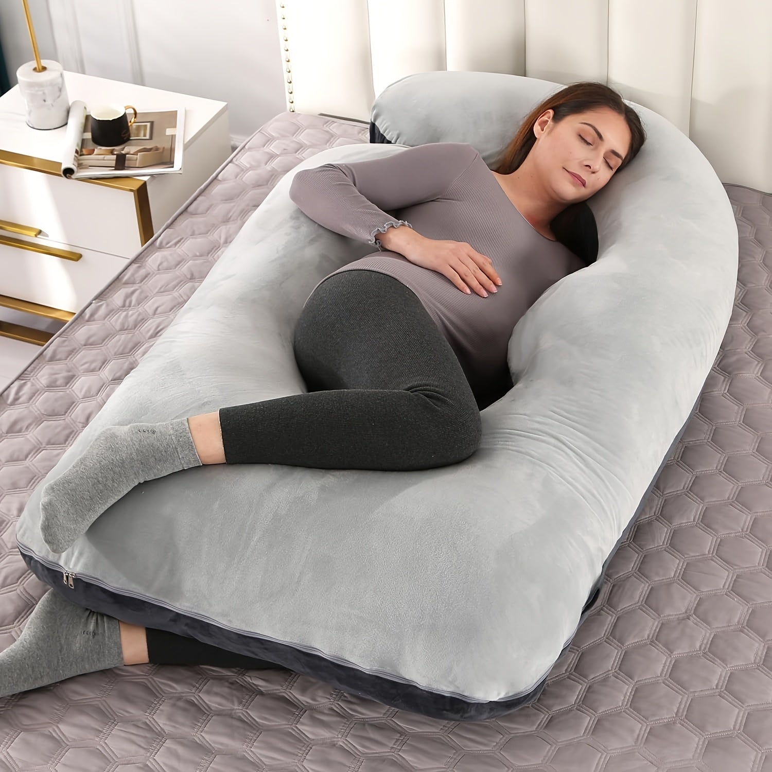 Pregnancy Pillow J-Shape 60 Inch Full Body Maternity Pillow with Velvet Cover ¨C Back Leg Belly Support for Pregnant Women Side Sleeper Body Pillow Multiple Colors