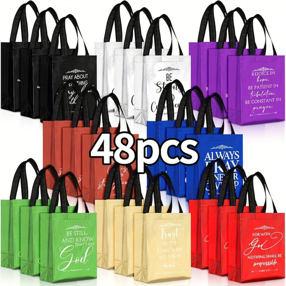 Christian Gift Bags Bulk 48pcs with Handles | Bible Verse Religious Gift Bags Medium Size | Reusable Church Bags for Father's Day, Baptism, Wedding, Party Favors, Church Visitors | Bright Mixed Colors