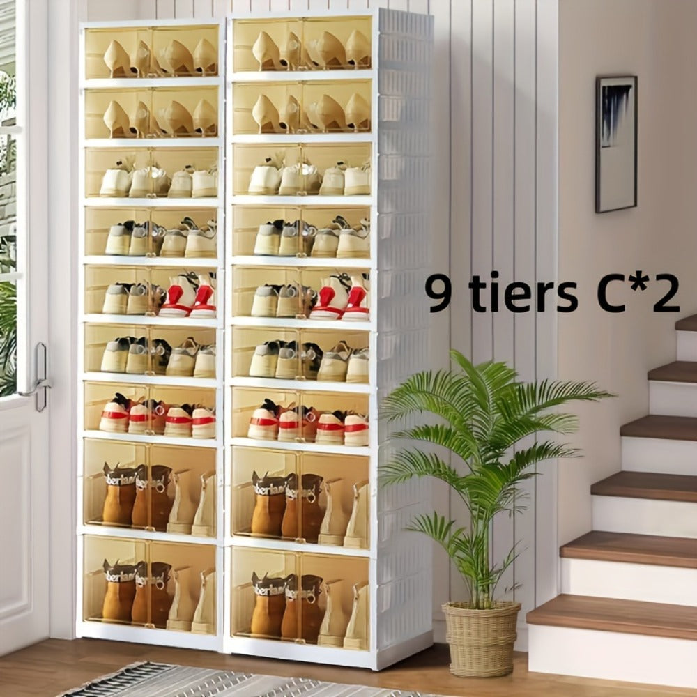 Shoe Rack Organizer 9-Tier, Collapsible Clear Plastic Foldable Stackable Shoe Cabinet with Shelves & Doors ¡ª No Assembly, Space-Saving Narrow Storage for Hallway, Apartment & Small Spaces