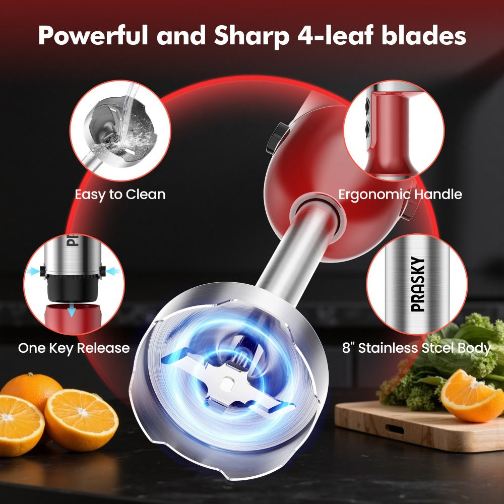Immersion Blender 5-in-1 Handheld Mixer | Heavy Duty Motor | Whisk Meat Chopper Measuring Cup Attachments | Stick Blender for Soups Smoothies Sauces | Kitchen Hand Blender Red Black