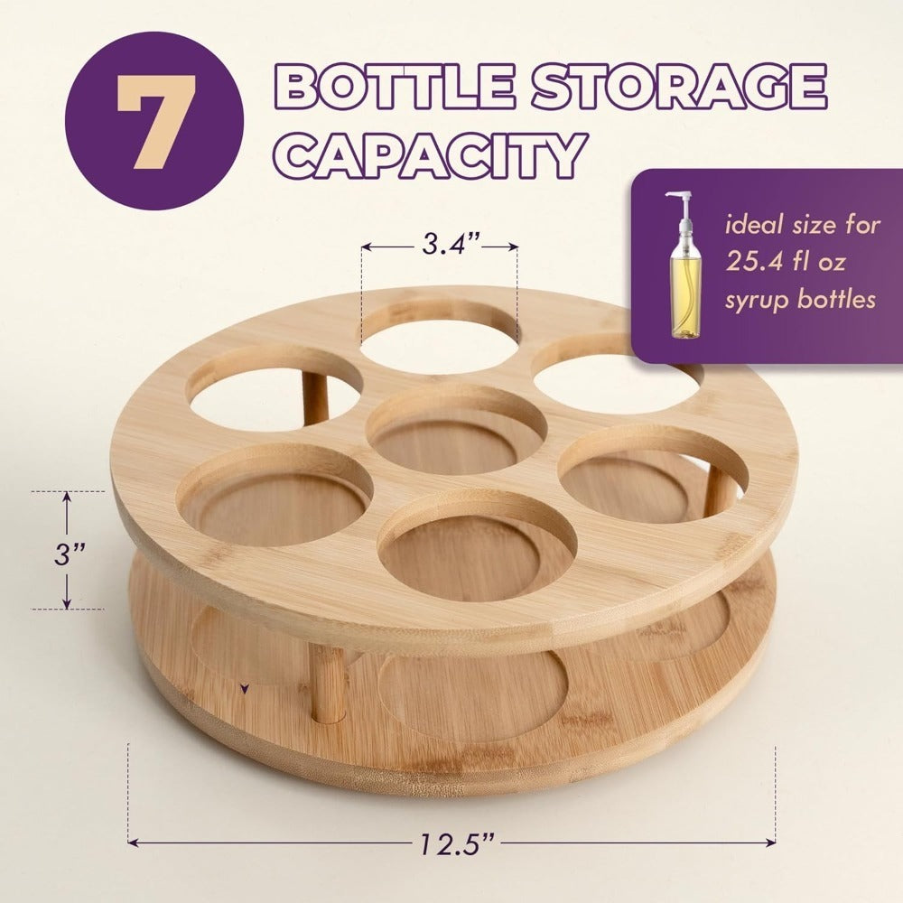 360 Rotating Bamboo Coffee Syrup Organizer 7-Bottle Holder Rack ¨C Countertop Spice Condiment Storage Stand for Kitchen Bar Home Office Desktop Easy Assembly Scratch-Proof Base