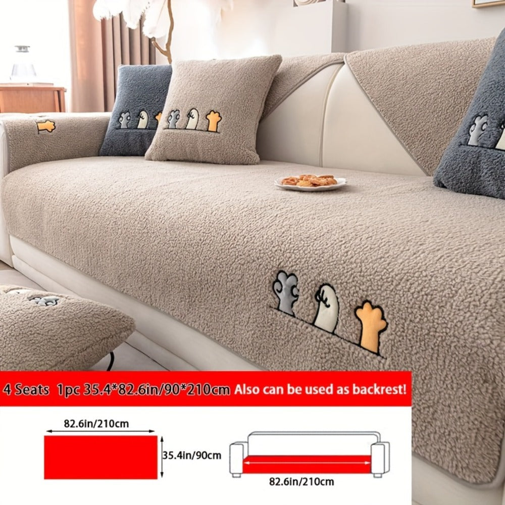 Plush Shearling Sofa Cover Non-Slip Pet-Friendly Couch Protector Animal Bone Embroidery Soft Warm for Living Room Bedroom Office 2 3 4 Seater