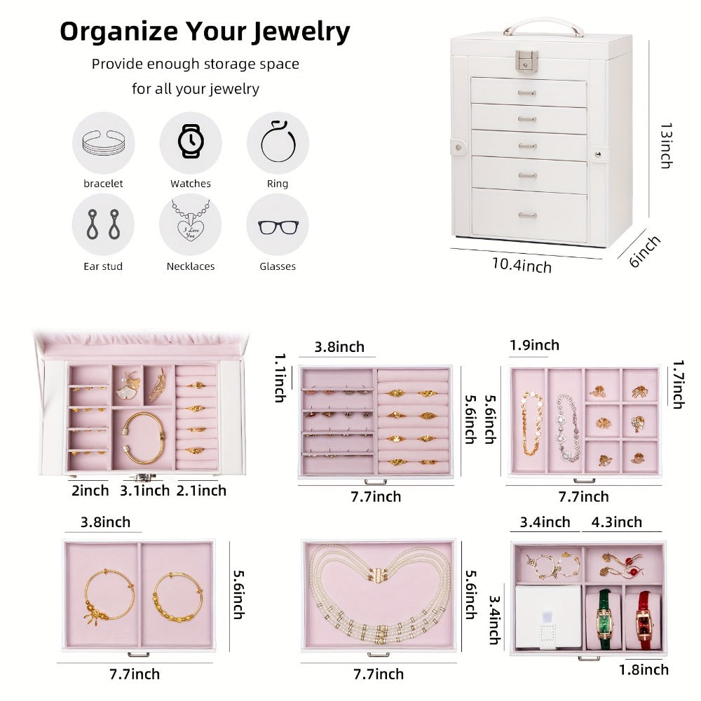 Jewelry Box 6 Tier with 5 Drawers Mirror & Lock | Large Jewelry Organizer Storage Case Gift for Women