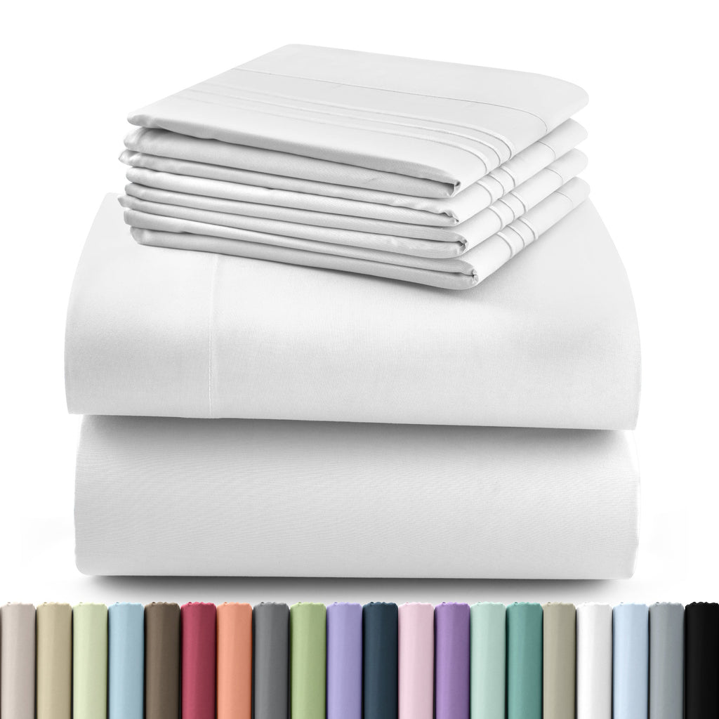 Fitted Sheet Set 6-Piece Brushed Polyester Deep Pocket Bed Sheets 20 Colors Hotel Luxury Soft Bedding with Embroidered Pillowcases