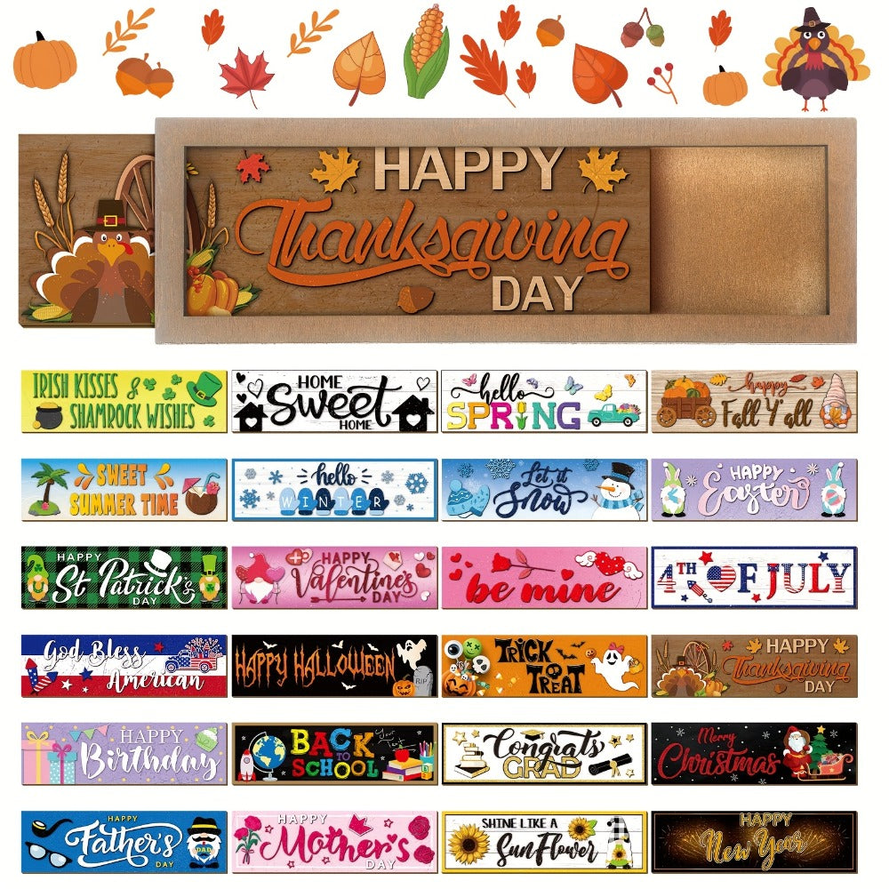 Interchangeable Seasonal Wood Welcome Sign 25-Piece Set ¨C Wooden Frame Table Decor with Swappable Holiday Signs for Fall, Thanksgiving, Halloween & Autumn Wreath Decoration