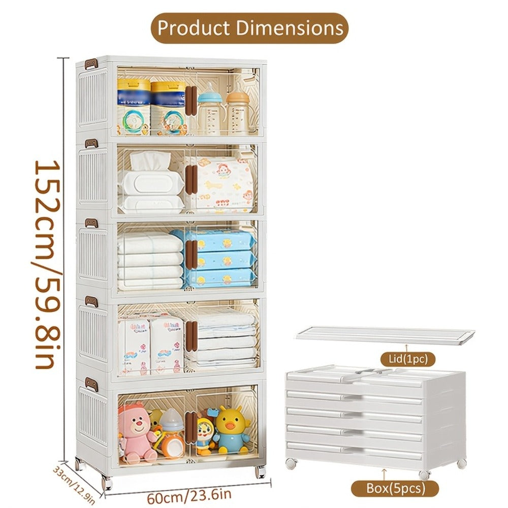 Stackable Foldable Storage Cabinet with Door ¨C PP Plastic 1/2/3/4/5 Layer Organizer Box with Wheels & Cover | Dual-Access Home Storage for Clothes, Books, Snacks & Kitchen Supplies | Office & Garage