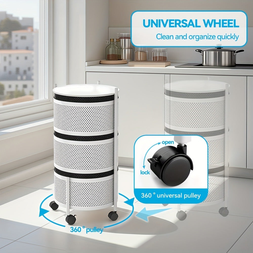 Rotating Storage Rack Multi-Tier Rolling Cart ¨C 360¡ã Swivel Round Floor Standing Organizer with 4 or 5 Layers, Vegetable Basket & File Rack for Kitchen, Bathroom, Office & Living Room (Black / White)
