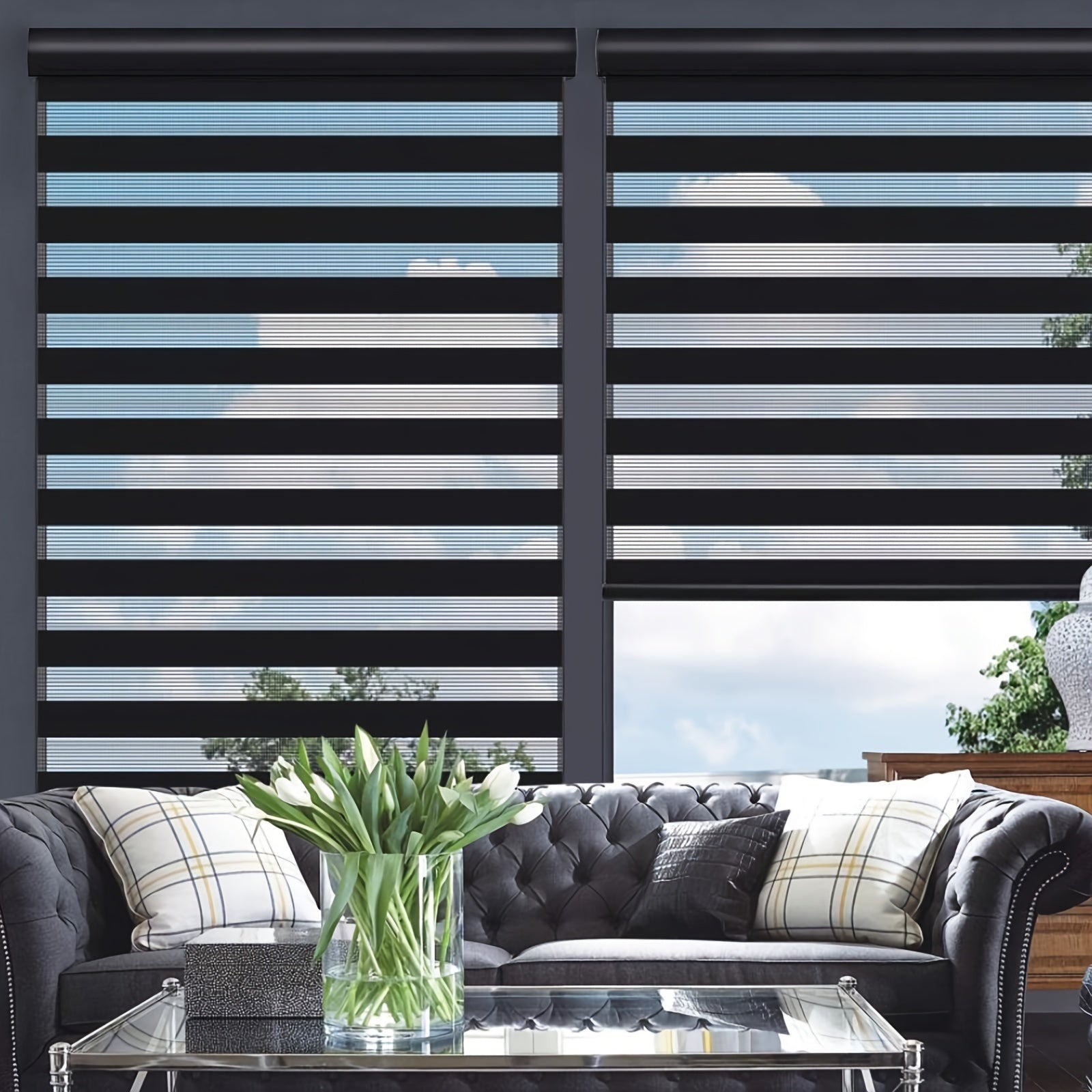 Cordless Zebra Roller Shade with Valance ¨C Day Night Window Blind, Light Filtering Dual Layer Window Treatment Mesh Opaque Fabric