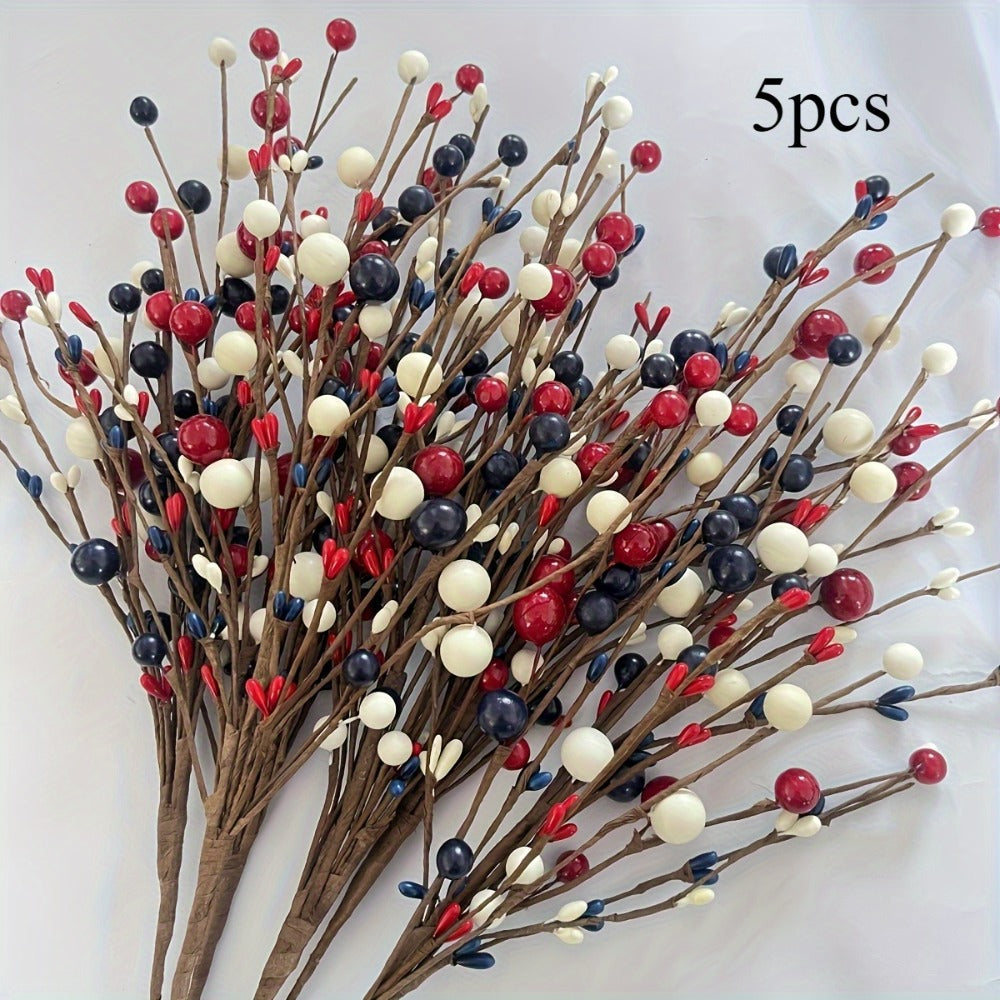 Artificial Berry Branches Red White Blue Patriotic Decor ¨C 5pcs Fake Plastic Stems for Home Tabletop Vase Floral Arrangement Fourth of July