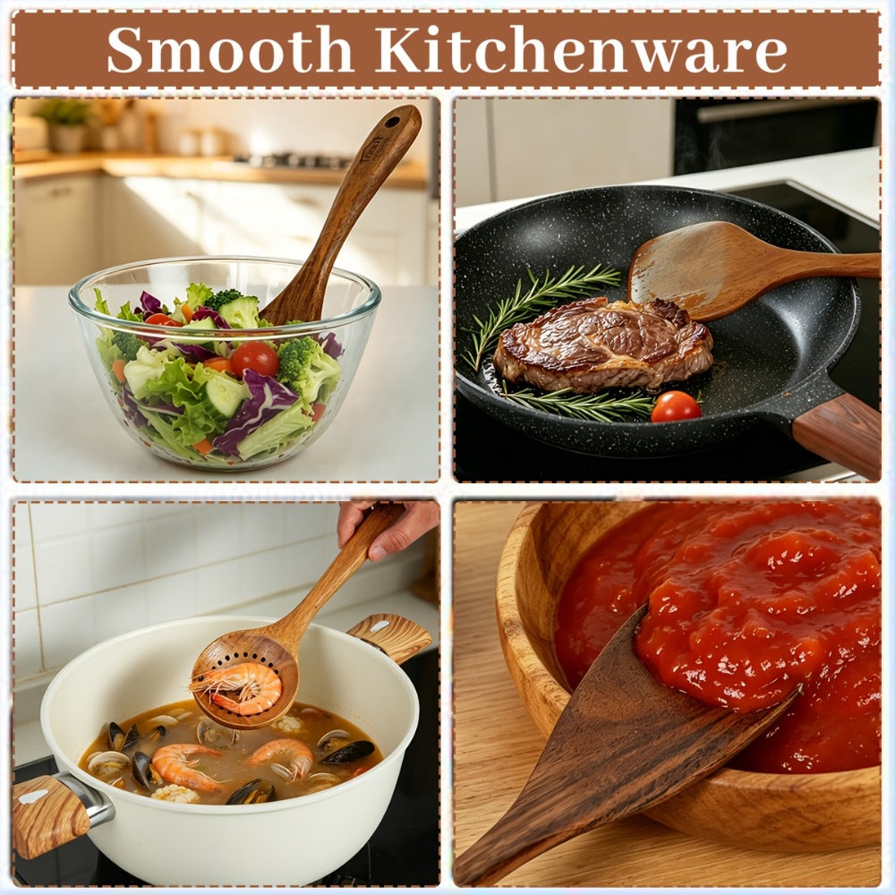 Wooden Kitchen Utensils Set 3/5/7Pcs ¨C Natural Wood Spoons, Spurtle, Ladle & Wok Spatulas for Non-Stick Pans | Heat Resistant, Ergonomic Handle, Easy to Clean