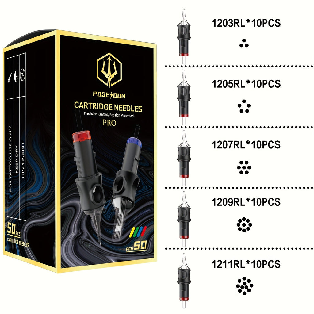 Tattoo Cartridge Needles 50pcs Mixed Size ¨C POSEIDON V5 Disposable Round Liner, Shader & Curved Needles (5RL 7RL 9RL 5RS 7RS 9RS 7RM 7M1 15M1 15RM) with Safety Membrane