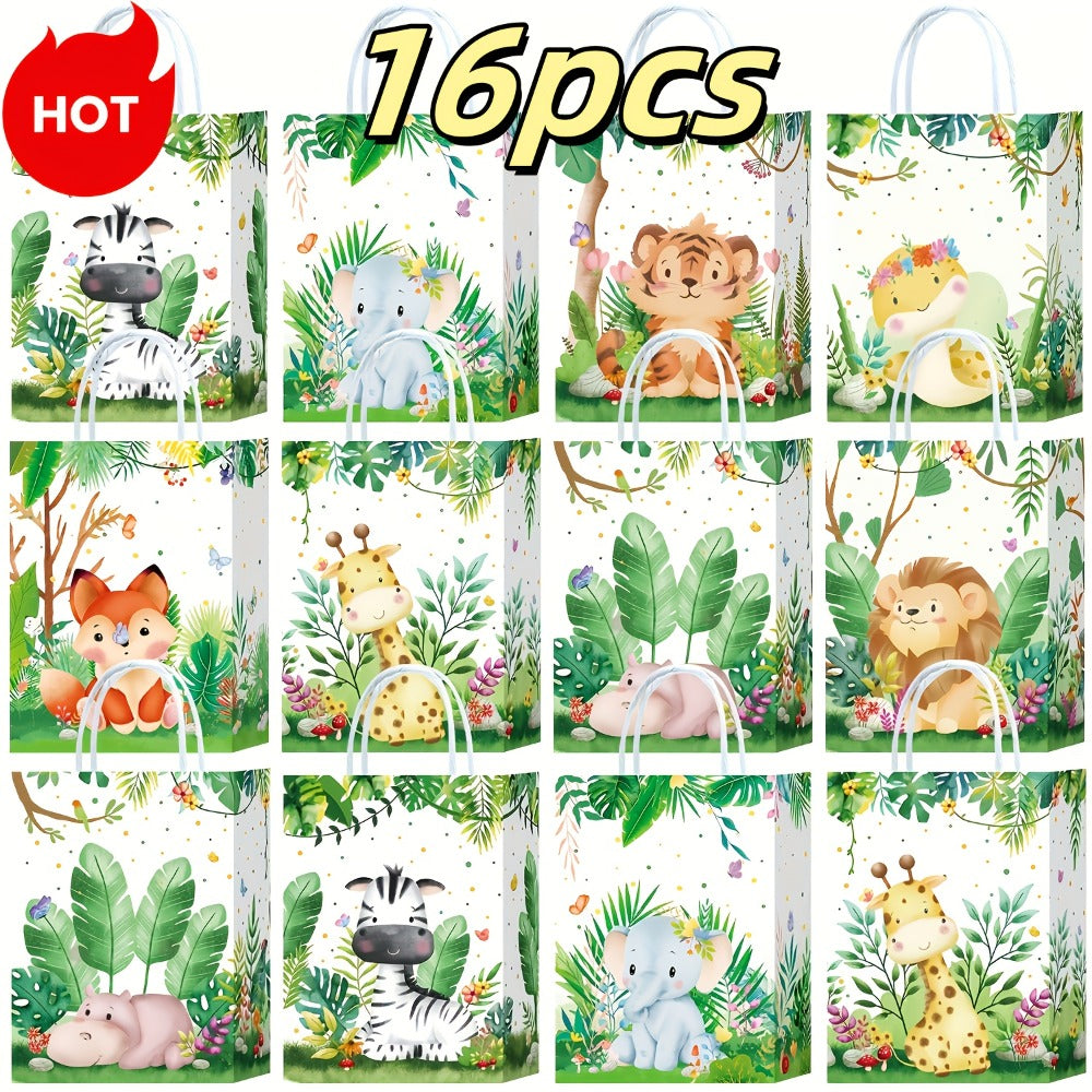 Party Favor Bags Safari Animals Jungle Theme Woodland Print Paper Goodie Bags with Handles for Kids Birthday Party Candy Gift Bags 8 Styles 16 or 32 Pack