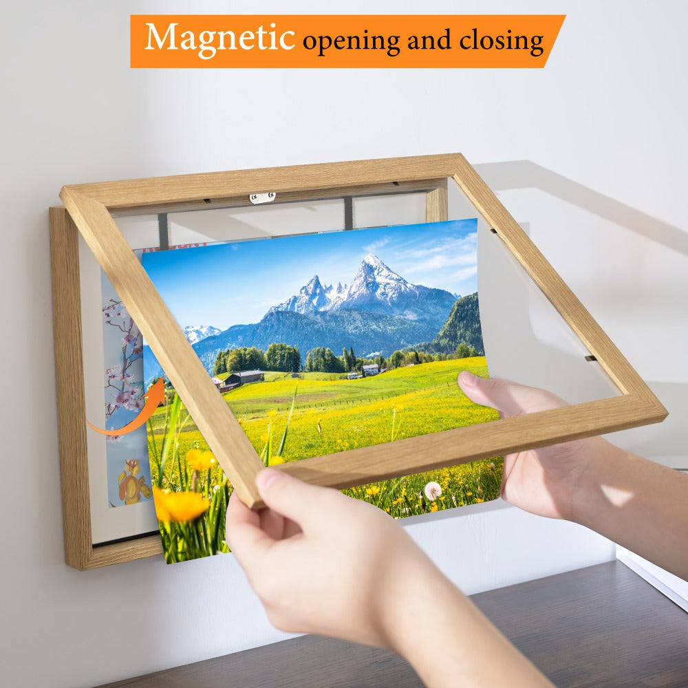Kids Art Frames Front Opening Changeable Artwork Display Frames for Children Drawings Crafts Photos Wall Gallery - Set of 2 or 4, Black White Wood Grain