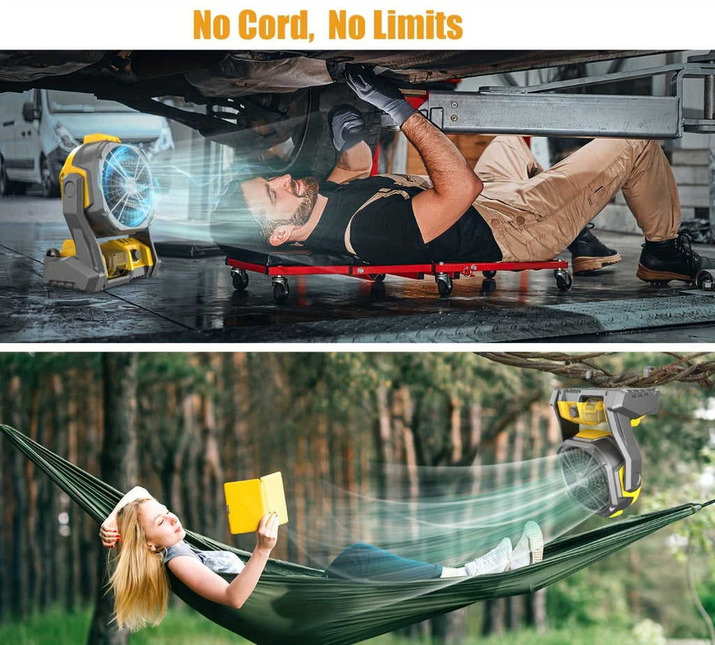 Cordless Jobsite Fan Compatible with DeWalt 20V Max Battery, LED Light Auto Oscillating 180¡ã Tilt Adjustable Speed, Portable Battery Powered Fan with Hanging Hook for Camping, Garage and RV