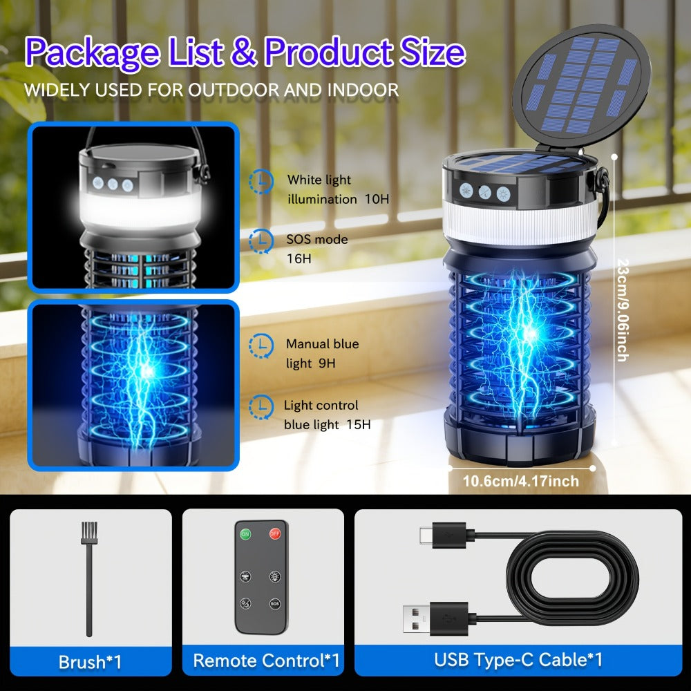 Solar Bug Zapper Outdoor 4000mAh Rechargeable UV Light Mosquito Zapper Electric Fly Trap Insect Killer with Remote Control Night Light Mode for Indoor Outdoor Patio Garden Camping Mosquito Fly Gnat