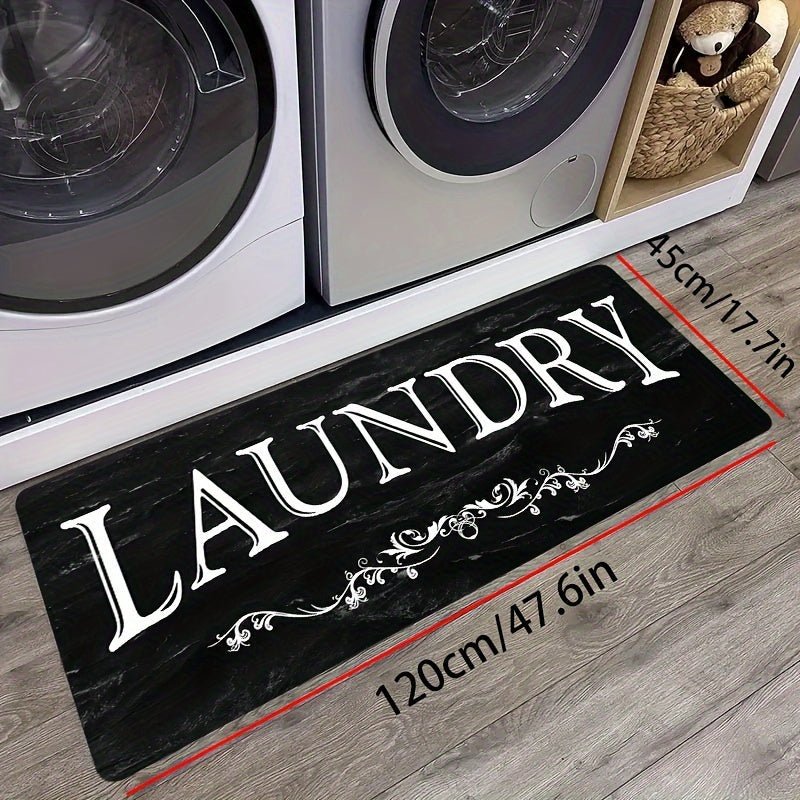Laundry Room Mat Black & White LAUNDRY Text Non-Slip Machine Washable - Soft Polyester Cut-Pile Floor Rug for Laundry Room, Bathroom, Kitchen & Hallway, Bold Lettering Modern Farmhouse Decor