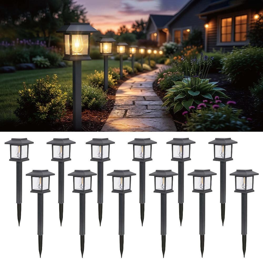 Solar Pathway Lights Outdoor Edison Style LED ¨C Up to 12 Hours Auto On/Off IP44 Waterproof | Warm White Solar Garden Lights for Yard, Driveway & Walkway | Black & Brown Upgraded Stake Lights