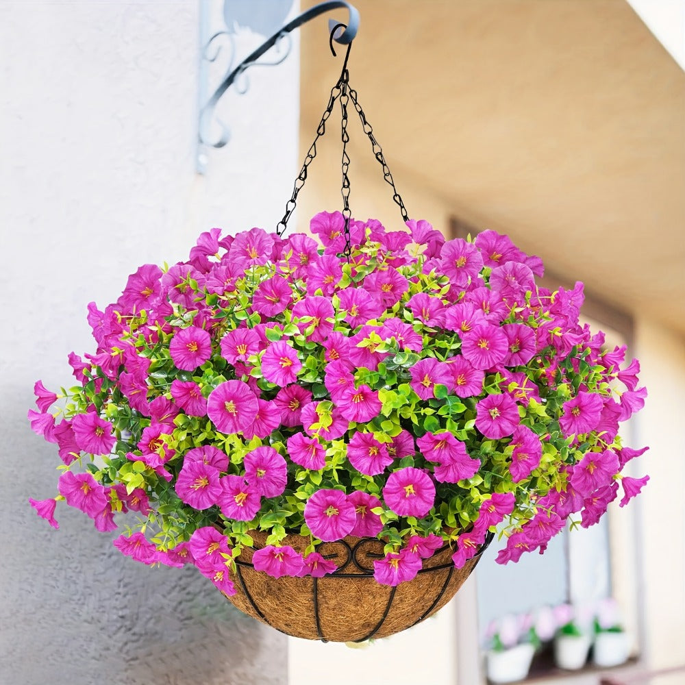 Artificial Hanging Flowers Outdoor UV-Resistant Fake Petunias with Planter Basket ¨C Realistic Faux Hanging Plants for Garden Patio Porch Balcony Railing Decor