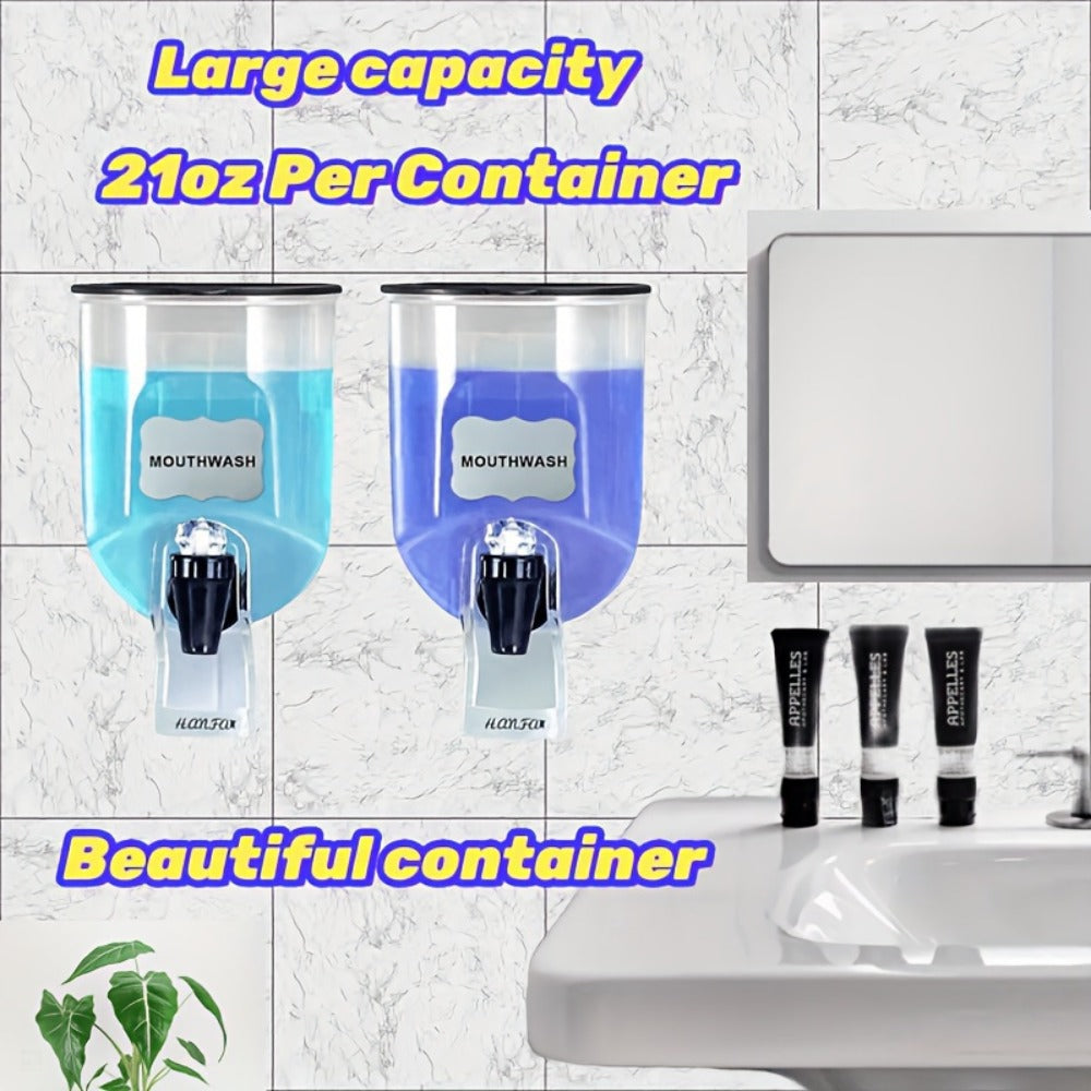 Mouthwash Dispenser Wall Mounted 2-Pack 21 oz Plastic Container - No Electricity Required, Space Saving Bathroom Organizer for Countertop Storage, Durable Refillable Liquid Soap & Rinse Dispenser