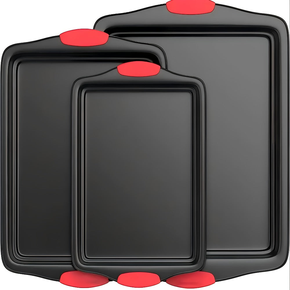 Nonstick Baking Pan Set of 3, Carbon Steel Baking Sheets with Red Silicone Handles, Double-Sided Non-Stick Coating, Oven & Toaster Safe, Professional Bakeware for Home & Commercial Kitchen Use