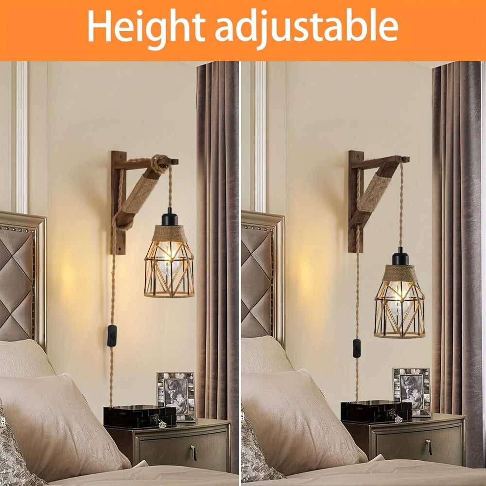 Plug In Wall Sconces Set of 2 or 1 ¨C Rustic Farmhouse Wall Lamp with Metal Cage & Wooden Bracket, Plug-Into-Outlet Hanging Light for Bedroom, Living Room & Headboard