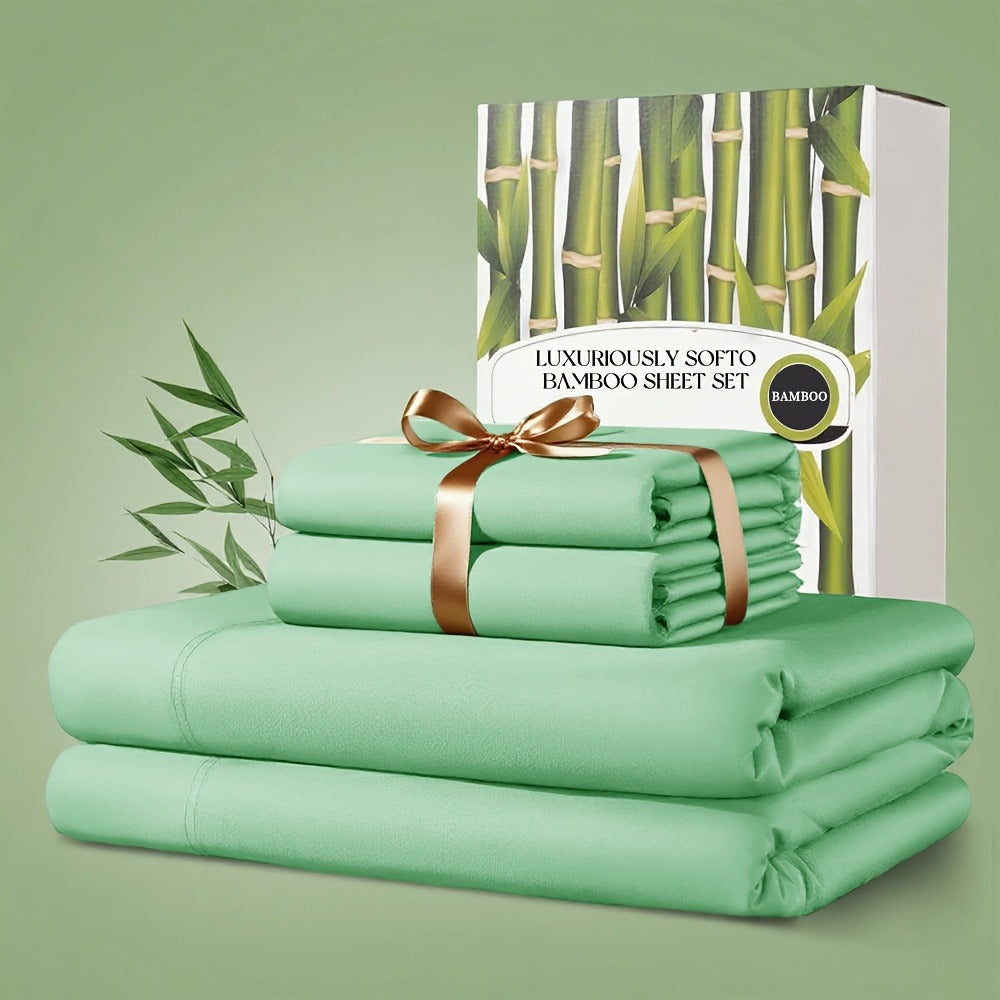 Bamboo Bed Sheet Set 4pcs 2200TC Deep Pocket Cooling Fitted Sheets ¨C Ultra Soft, Breathable, Shrink & Wrinkle Resistant