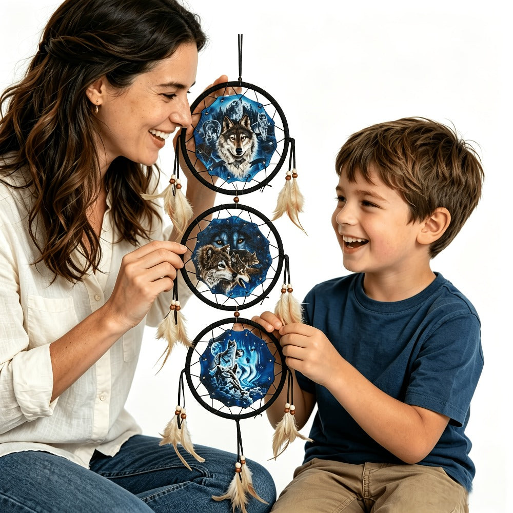 Dream Catcher Wall Decor Wolf Design Boho Bedroom Hanging Decoration ¨C 6 Inch 3-Circle Feather Dream Catcher for Boys Kids Room, Nursery, Halloween, Christmas & Holiday Gift