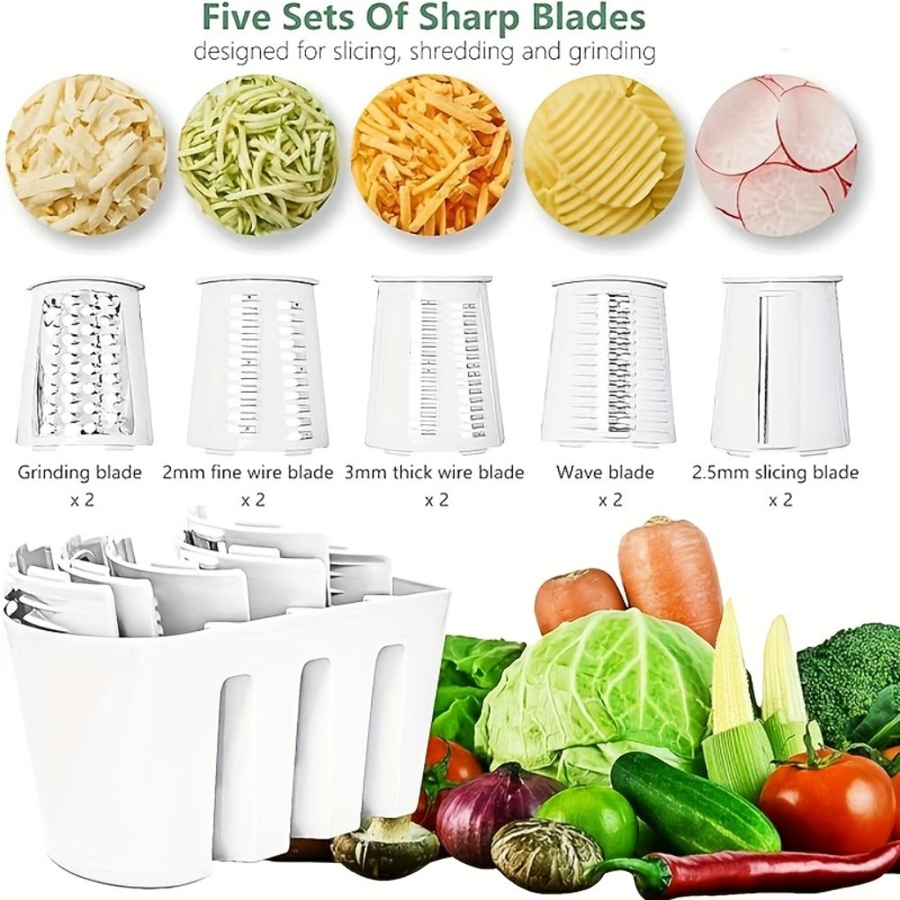 Rotary Cheese Grater with Interchangeable Blades ¨C 5-in-1 Manual Vegetable Slicer Shredder Set, Suction Cup Base, Easy to Clean, Multifunctional Kitchen Tool for Fruits, Vegetables & Nuts