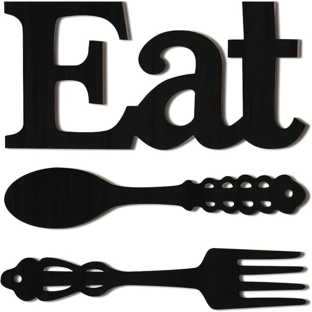 EAT Sign Wall Decor with Fork and Spoon | Rustic Wood Hanging Letters for Kitchen Dining Room | Country Farmhouse Wall Art Wooden EAT Decoration in Black