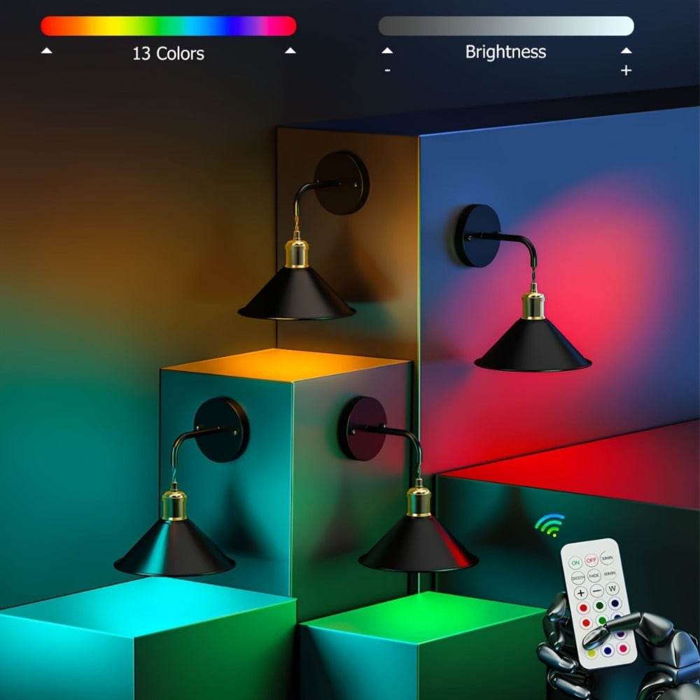 Battery Operated Wall Sconce Set of 2 ¨C RGB Wireless Wall Light, Dimmable with Remote Control, 13 Scene Modes, Timer & Memory Function, No Wiring for Bedroom Living Room Hallway (Black / White)