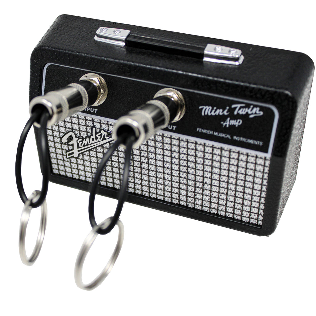 Fender Jack Rack Mini Guitar Amp Key Holder by Pluginz Licensed Wall Mount Keychain Rack with 2 Guitar Plug Keychains Real Amp Grill Cloth Brushed Metal Logo Rockstar Gift for Guitarists Musicians