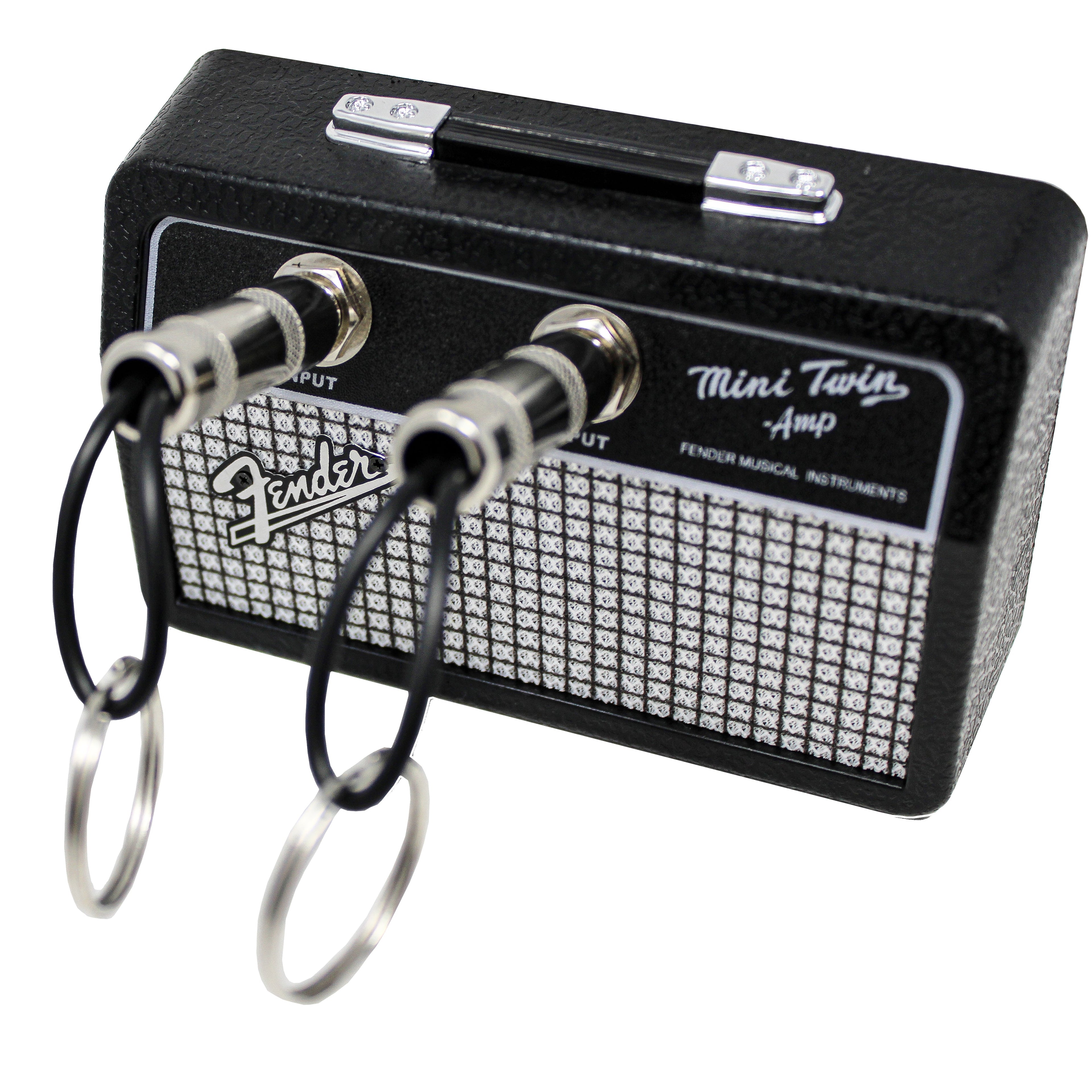 Fender Jack Rack Mini Guitar Amp Key Holder by Pluginz Licensed Wall Mount Keychain Rack with 2 Guitar Plug Keychains Real Amp Grill Cloth Brushed Metal Logo Rockstar Gift for Guitarists Musicians