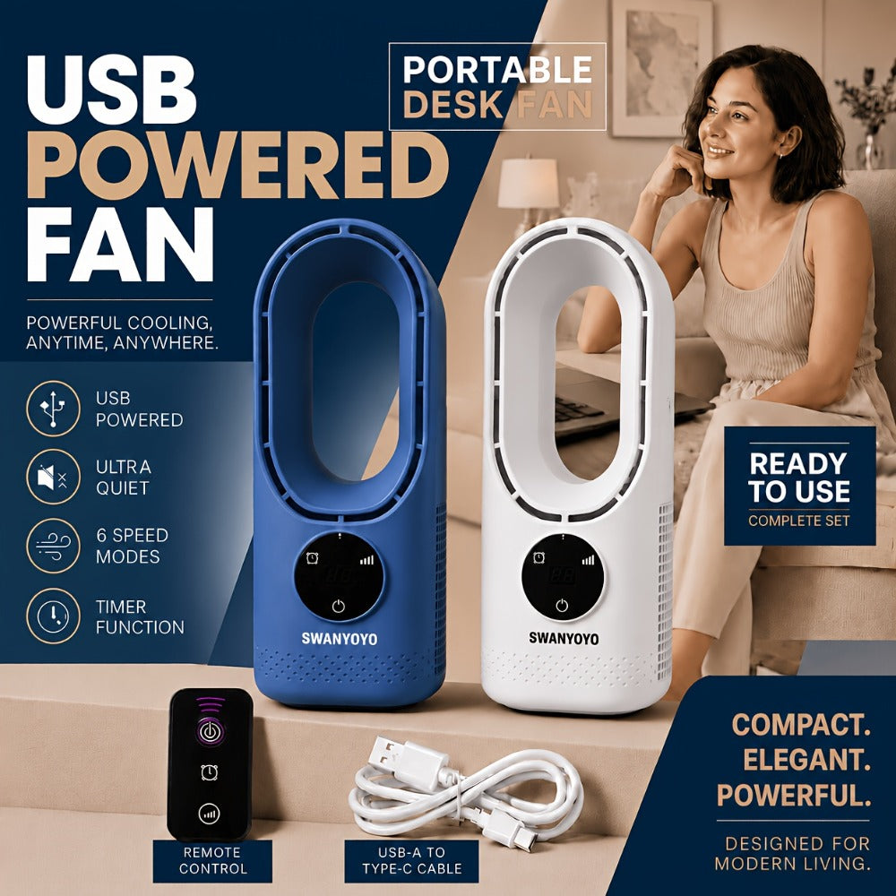 Portable Bladeless Fan USB Tower Fan, Desktop Air Conditioner Fan with Water Mist Cooling, Remote Control, Touch Screen, 7-Color LED Ambient Light and Timer, Personal Cooling Fan for Office, Travel, Camping, Home