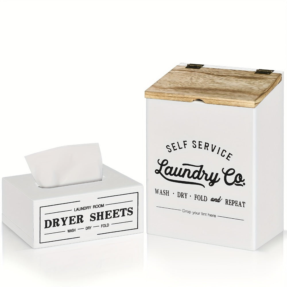 Magnetic Lint Holder & Dryer Sheet Dispenser 2-Pack, Farmhouse Wooden Lint Trash Can with Lid for Dryer, Wall Mount Dryer Sheet Box Organizer for Laundry Room Decor, Magnetic Laundry Organizer Set