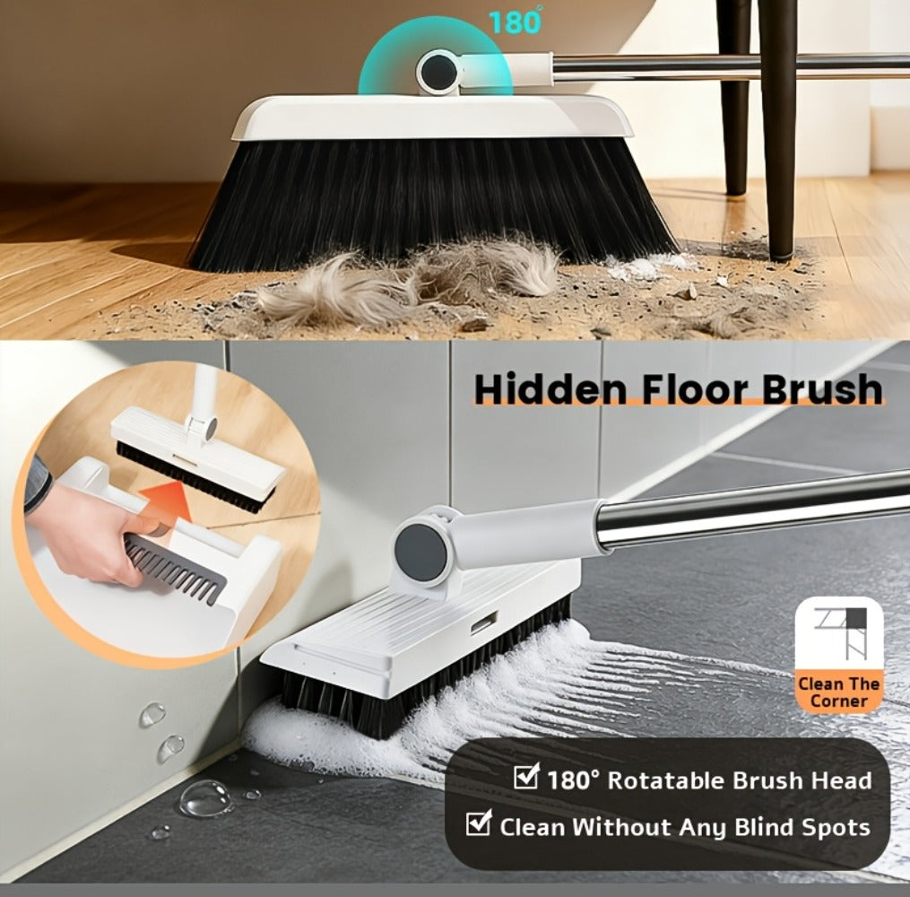 Broom and Dustpan Set 3-in-1 with Wiper - Non-Stick Hair Sweeper Household Floor Broom Combo for Indoor Outdoor Use - Ergonomic Handle Dustpan Broom Kit for Home Kitchen Office - White Pink Gray