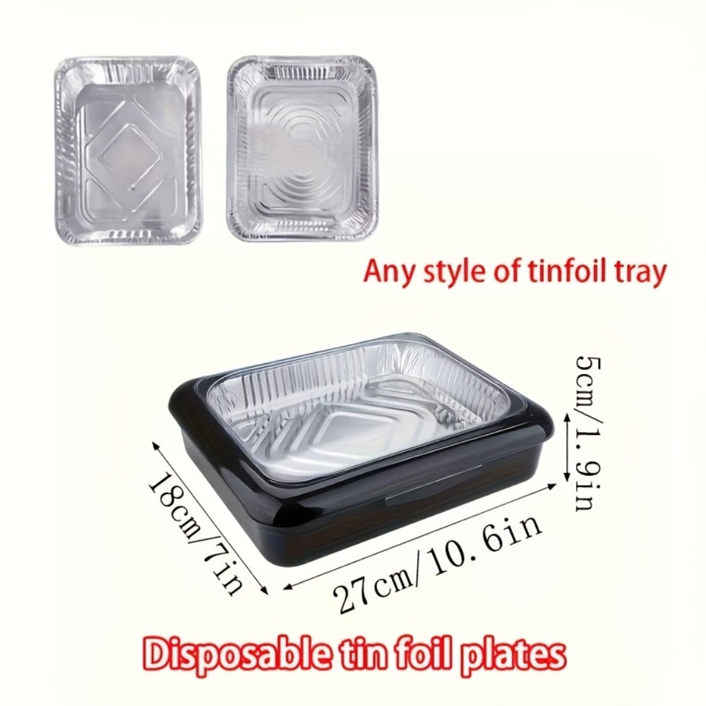 Aluminum Foil Tray with Lid - Insulated Stackable BBQ & Salad Serving Container for Outdoor Picnic, Party, Kitchen Use, Rectangular, Black & Red