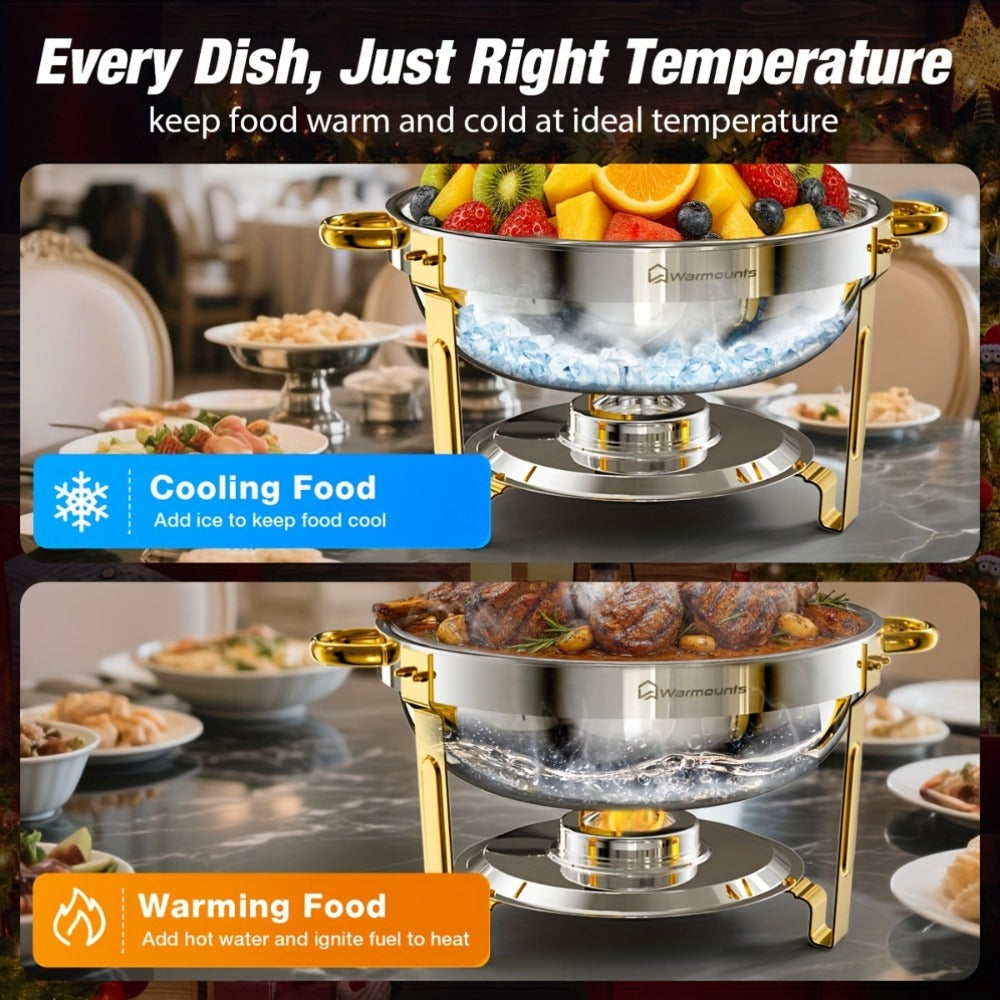 Gold Chafing Dishes Buffet Set 5QT Round Stainless Steel Food Warmer with Glass Lid Lid Holder Mirror Polished for Wedding Party Catering Events - 2 Pack or 4 Pack Chafer Buffet Server