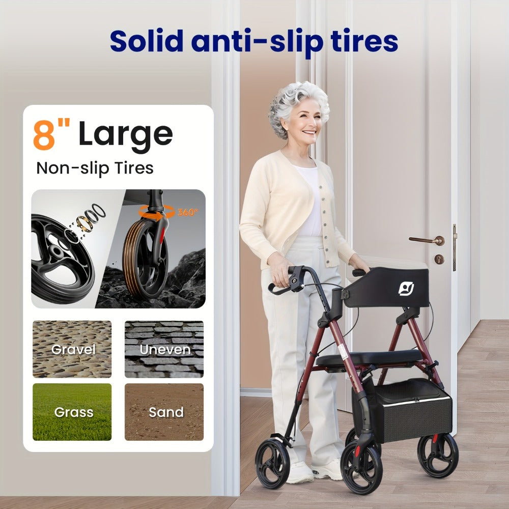 Rollator Walker for Seniors Foldable with 8-Inch Big Wheels, Durable Aluminum All-Terrain Rolling Walker with Ergonomic Backrest & Dual Adjustable Height, Upright Walker Option Available for Elderly
