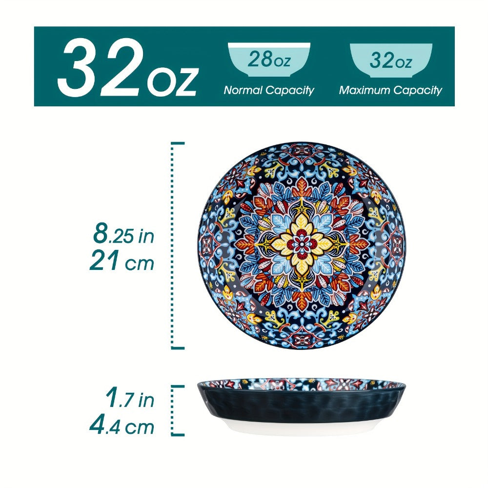 Bohemian Pasta Bowls Set of 6 | 32 Oz Porcelain, Floral Pattern, Microwave & Dishwasher Safe ¨C VANCASSO