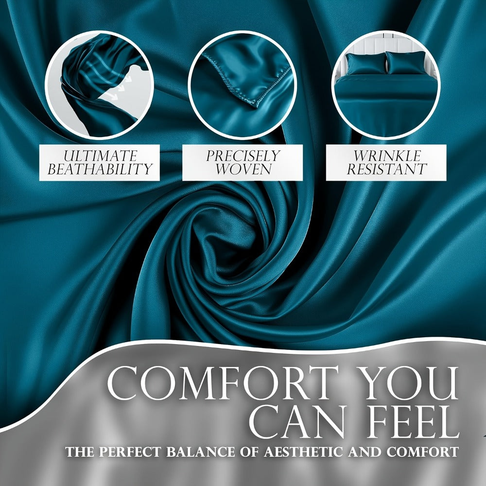 Satin Sheet Set 4 Piece Luxury Silky Smooth Soft Microfiber 15 Inch Deep Pocket Good for Hair Skin Double Stitching Wrinkle Free Twin Full Queen King