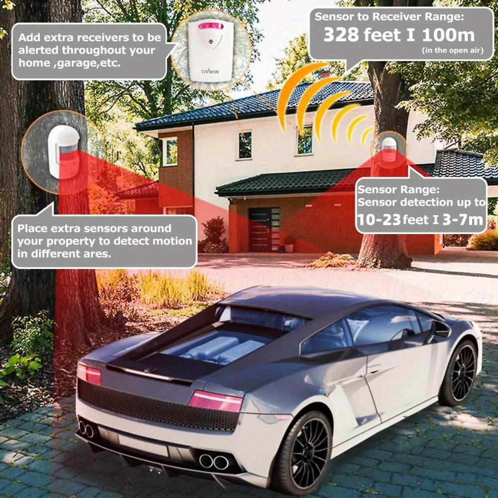 Wireless Driveway Alarm Motion Sensor, Infrared PIR Security Alert System 328ft Range 110dB Chime, USB Expandable Indoor Outdoor Detector for Home Garage Gate Mailbox Fence